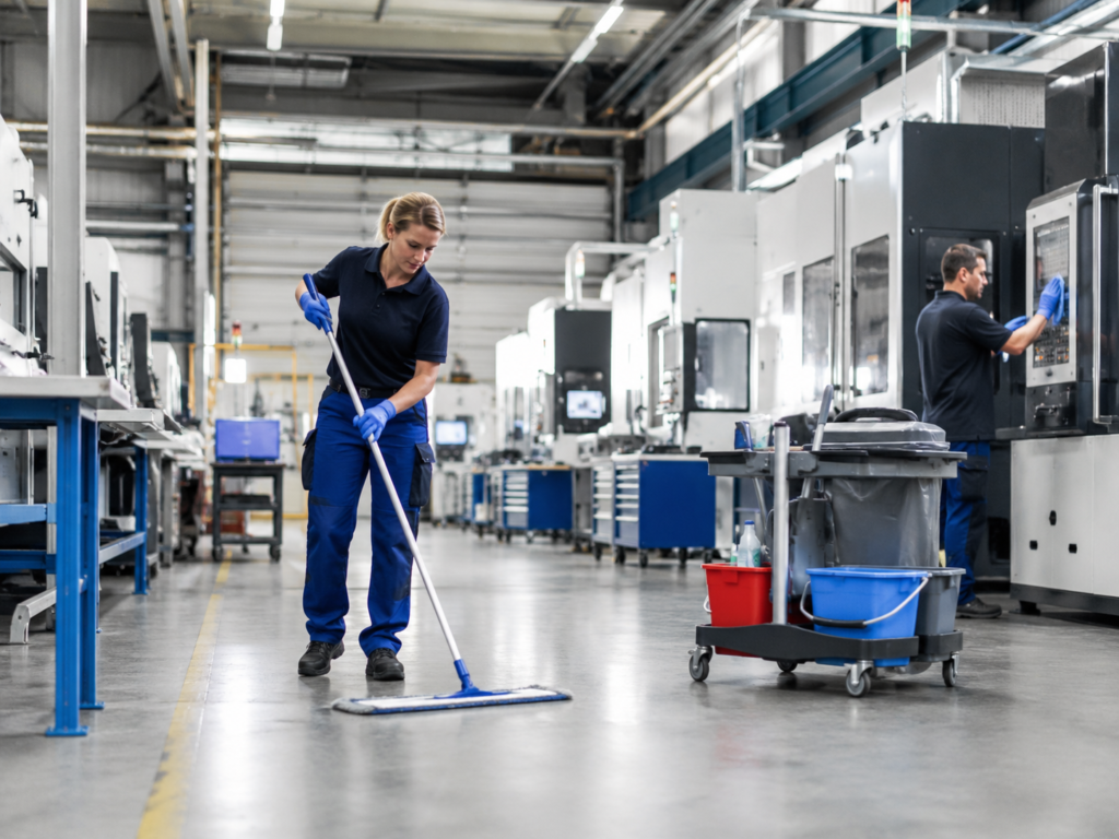 Person säubert Industriefläche