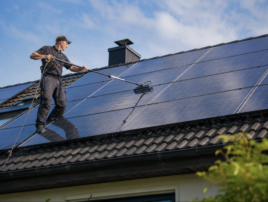 Fachkraft reinigt Solarmodule auf einem Hausdach mit einer speziellen Bürste für die professionelle Solarreinigung.