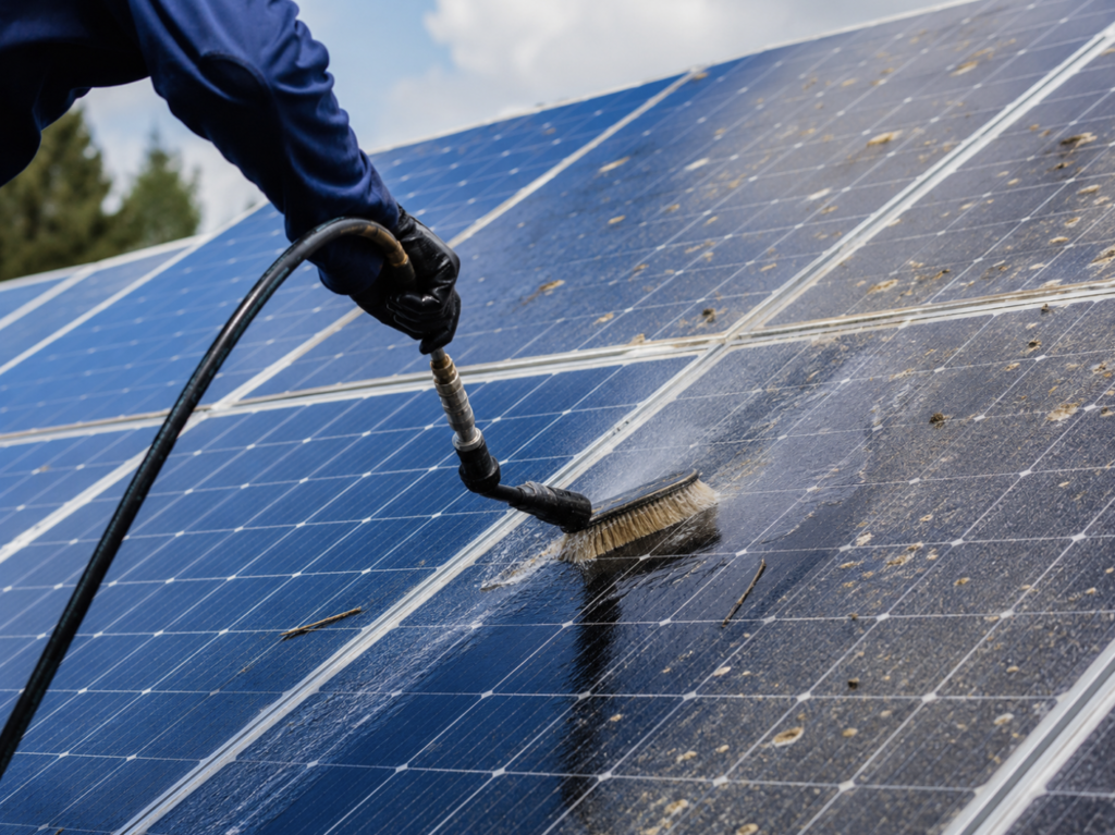 Nahaufnahme einer Solarmodulreinigung, bei der Schmutz, Ablagerungen und Rückstände mit einer Bürste entfernt werden.