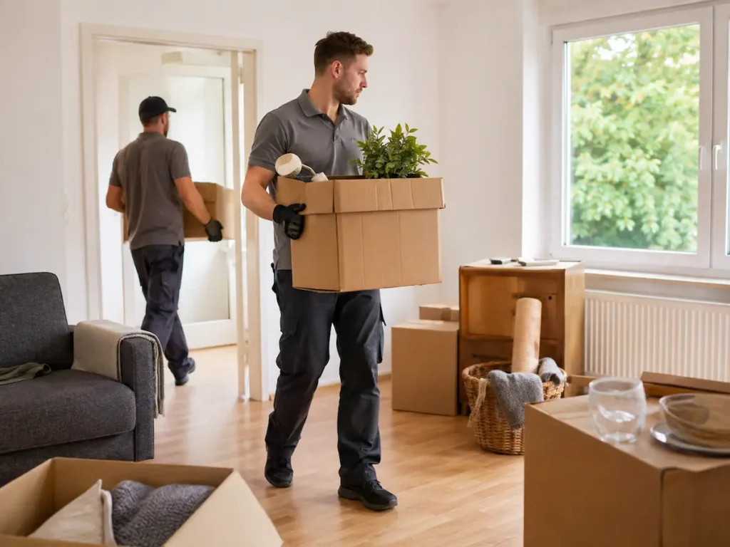 Zwei Mitarbeiter tragen Kartons und räumen eine helle Wohnung im Rahmen einer professionellen Entrümpelung leer.