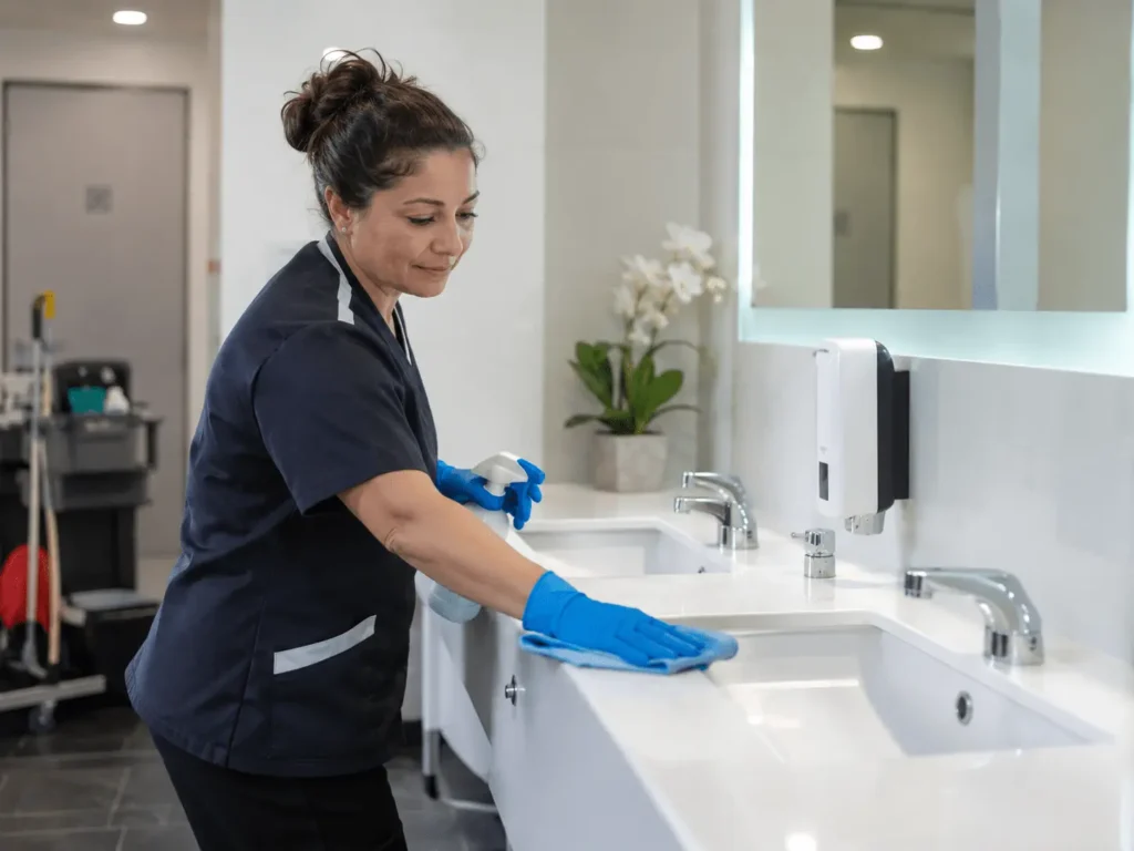 Mitarbeiterin reinigt Waschbecken und Oberflächen in einem modernen Sanitärbereich bei der regelmäßigen Unterhaltsreinigung.