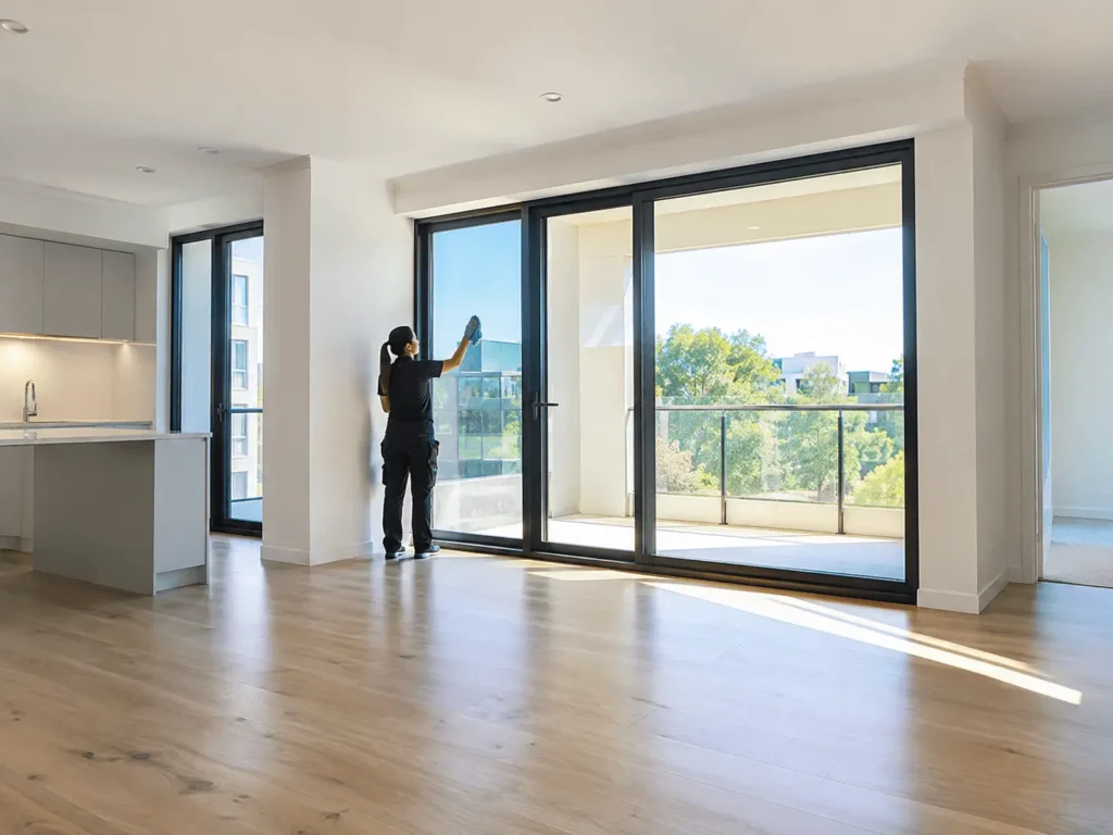 Reinigungskraft säubert große Fensterflächen in einer bezugsfertigen Wohnung als Teil der abschließenden Baureinigung vor Übergabe.