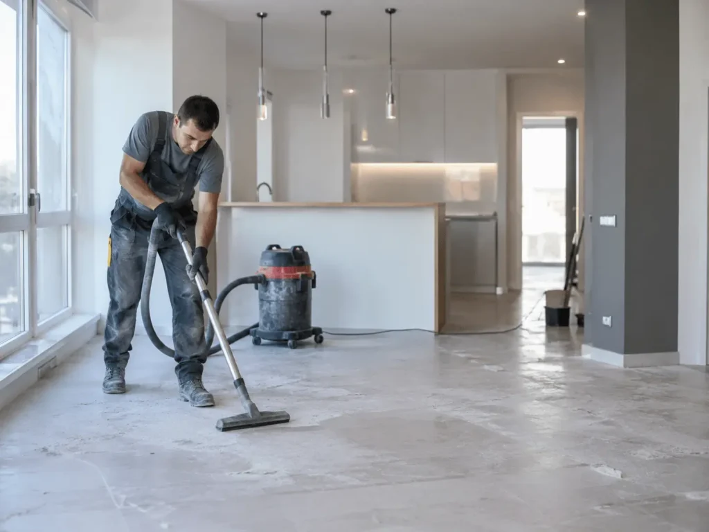 Mitarbeiter reinigt den Boden einer modern renovierten Wohnung mit einem Industriesauger nach Abschluss der Bauarbeiten.