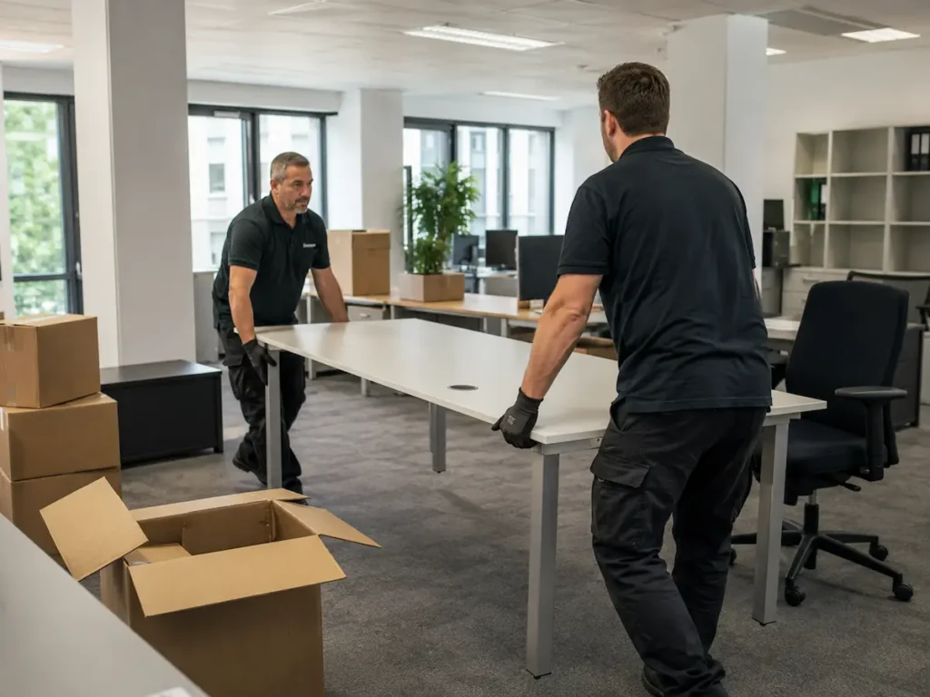 Zwei Mitarbeiter räumen ein Büro aus und transportieren einen Schreibtisch bei einer gewerblichen Entrümpelung.