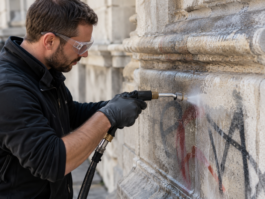 Mitarbeiter reinigt Graffiti an einer Fassade neben einem Eingangsbereich und entfernt sichtbare Verschmutzungen.