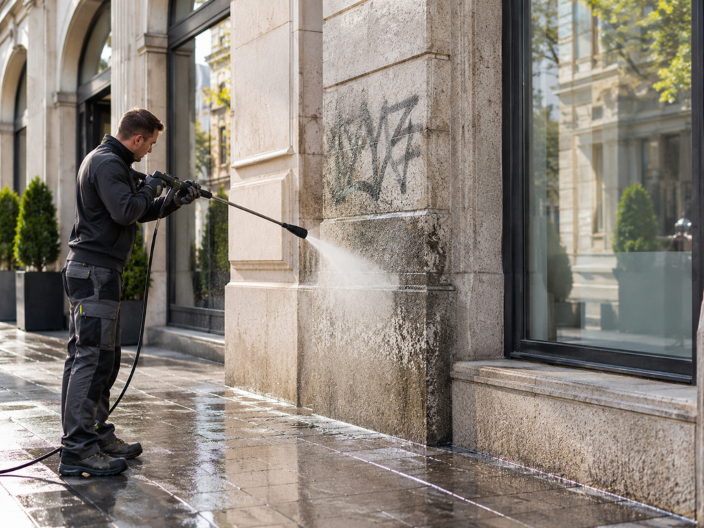 Fachkraft behandelt eine Steinoberfläche sorgfältig und entfernt Graffiti mit angepasster Reinigungstechnik.