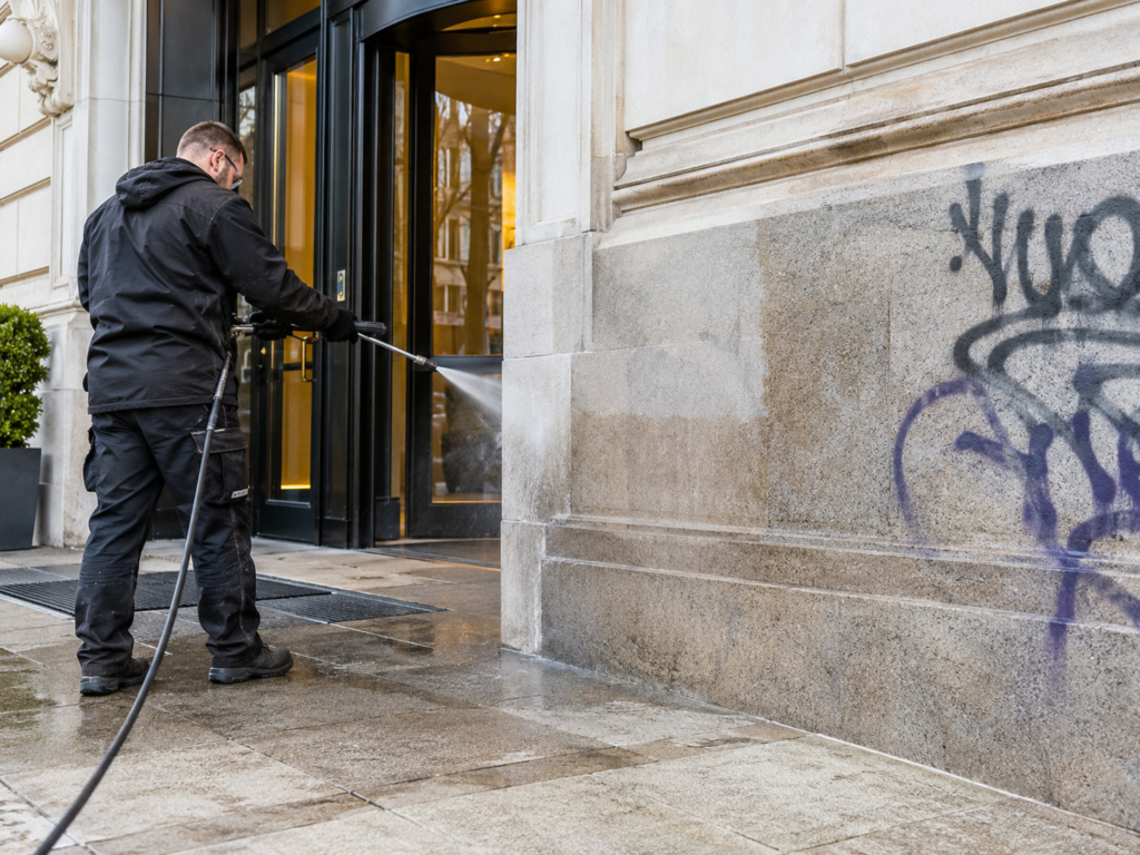 Fachkraft entfernt Sprayfarbe und Markierungen von einer Steinwand mit professioneller Reinigungstechnik.