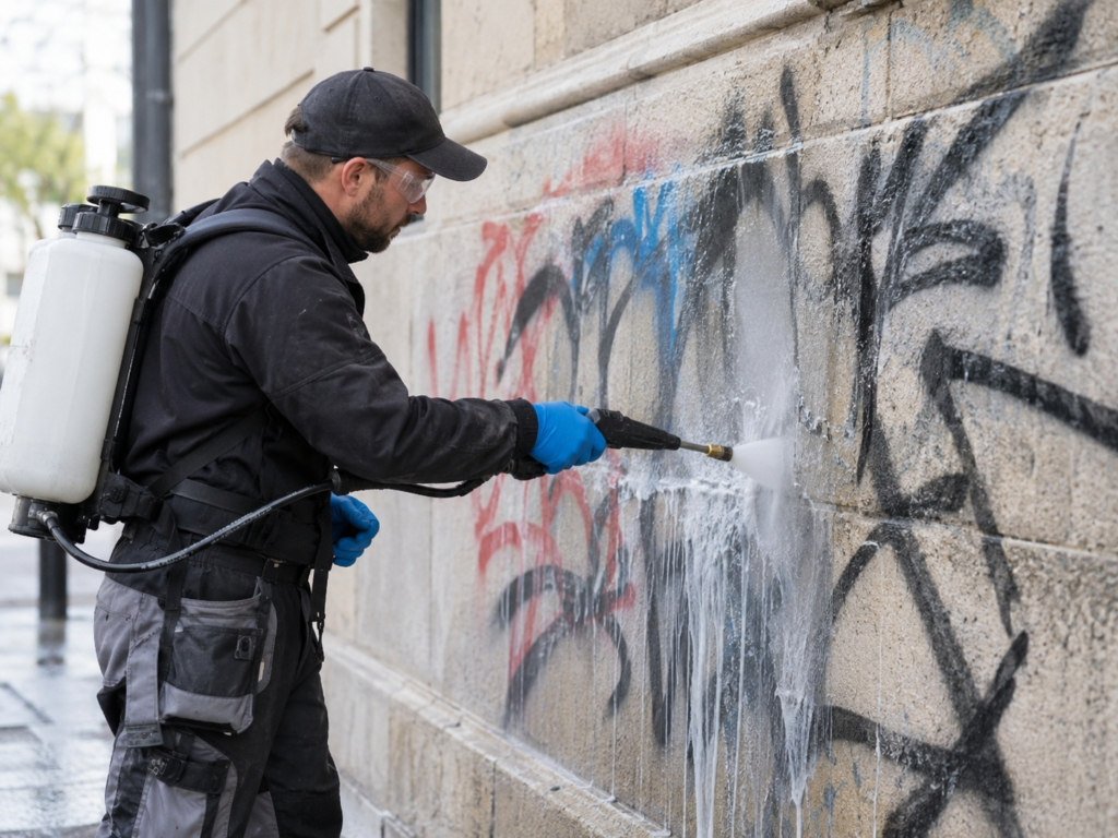Mitarbeiter entfernt Graffiti von einer Gebäudefassade mit einem Hochdruckreiniger und stellt ein gepflegtes Erscheinungsbild wieder her.